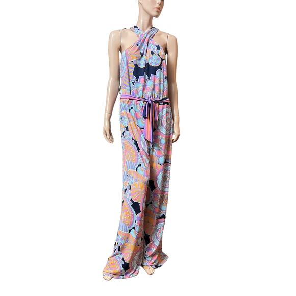 Trina Turk Halter Jumpsuit Milticolor Print Sleevless Size M Wide Leg Belted - Picture 8 of 13